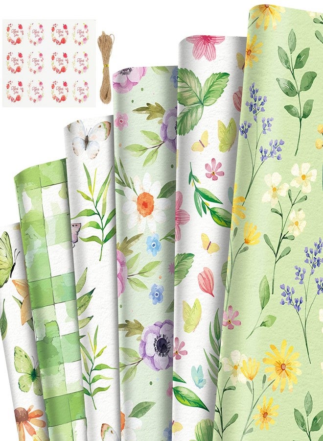 Resflyar 12 Sheets Floral Wrapping Paper, Watercolor Flower Butterfly Green Checked Gift Wrap Paper Folded Flat with Jute Twine Sticker for Baby Shower Birthday Wedding Christmas Party DIY Crafts, 20 x 27 Inch - Image 1